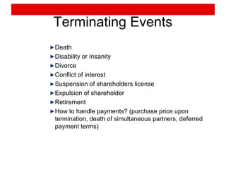 Terminating Events
Death
Disability or Insanity
Divorce
Conflict of interest
Suspension of shareholders license
Expulsion of shareholder
Retirement
How to handle payments? (purchase price upon
termination, death of simultaneous partners, deferred
payment terms)
 
