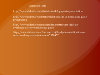 http://www.slideshare.net/fatla/metodologa-pacie-presentation
http://www.slideshare.net/fatla/significado-de-la-metodologa-pacie-
presentation
http://www.slideshare.net/jvalerojfatla/estructura-ideal-del-
evabloque-de-cierremetodologa-pacie
http://www.slideshare.net/norman.trujillo/diplomado-didctica-en-
entornos-de-aprendizaje-en-lnea-5558457
Cuadro de Texto
 