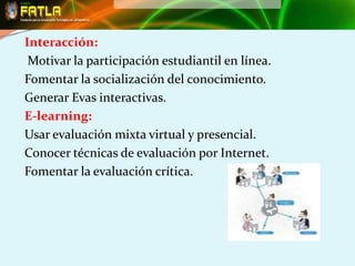 Interacción:
 Motivar la participación estudiantil en línea.
Fomentar la socialización del conocimiento.
Generar Evas interactivas.
E-learning:
Usar evaluación mixta virtual y presencial.
Conocer técnicas de evaluación por Internet.
Fomentar la evaluación crítica.
 