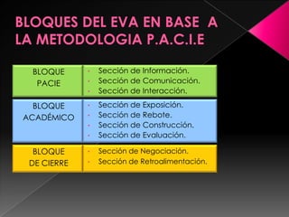 BLOQUE      •   Sección de Información.
  PACIE      •   Sección de Comunicación.
             •   Sección de Interacción.

  BLOQUE     •   Sección de Exposición.
ACADÉMICO    •   Sección de Rebote.
             •   Sección de Construcción.
             •   Sección de Evaluación.

  BLOQUE     •   Sección de Negociación.
 DE CIERRE   •   Sección de Retroalimentación.
 