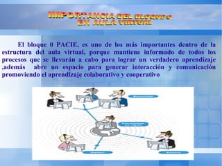 El bloque 0 PACIE, es uno de los más importantes dentro de la
estructura del aula virtual, porque mantiene informado de todos los
procesos que se llevarán a cabo para lograr un verdadero aprendizaje
,además abre un espacio para generar interacción y comunicación
promoviendo el aprendizaje colaborativo y cooperativo
 