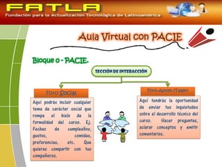 Bloque 0 - PACIE.
Sección de interacción
Aquí podrás incluir cualquier
tema de carácter social que
rompa el hielo de la
formalidad del curso. Ej.
Fechas de cumpleaños,
gustos, comidas,
preferencias, etc. Que
quieras compartir con tus
compañeros.
Aquí tendrás la oportunidad
de enviar tus inquietudes
sobre el desarrollo técnico del
curso. Hacer preguntas,
aclarar conceptos y emitir
comentarios.
Foro Social
Foro Apoyo (Taller)
 