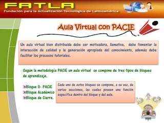 Un aula virtual bien distribuida debe ser motivadora, llamativa, debe fomentar la
interacción de calidad y la generación apropiada del conocimiento, además debe
facilitar los procesos tutoriales.
Según la metodología PACIE un aula virtual se compone de tres tipos de bloques
de aprendizaje.
Bloque 0- PACIE
Bloque Académico
Bloque de Cierre.
Cada uno de estos bloques se compone, a su vez, de
varias secciones, las cuales poseen una función
específica dentro del bloque y del aula.
 