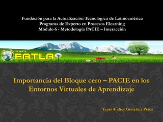 Fundación para la Actualización Tecnológica de Latinoamérica
          Programa de Experto en Procesos Elearning
         Módulo 6 - Metodología PACIE – Interacción




Importancia del Bloque cero – PACIE en los
    Entornos Virtuales de Aprendizaje

                                         Yepsi Audrey González Pérez
 