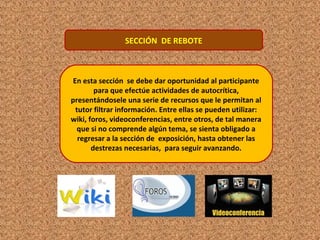 SECCIÓN DE REBOTE
En esta sección se debe dar oportunidad al participante
para que efectúe actividades de autocrítica,
presentándosele una serie de recursos que le permitan al
tutor filtrar información. Entre ellas se pueden utilizar:
wiki, foros, videoconferencias, entre otros, de tal manera
que si no comprende algún tema, se sienta obligado a
regresar a la sección de exposición, hasta obtener las
destrezas necesarias, para seguir avanzando.
 