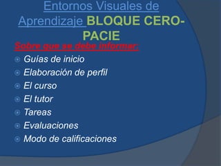 Entornos Visuales de
Aprendizaje BLOQUE CERO-
           PACIE
Sobre que se debe informar:
 Guías de inicio
 Elaboración de perfil
 El curso
 El tutor
 Tareas
 Evaluaciones
 Modo de calificaciones
 