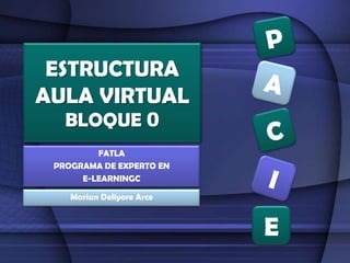 ESTRUCTURA
AULA VIRTUAL
   BLOQUE 0
         FATLA
 PROGRAMA DE EXPERTO EN
      E-LEARNINGC

    Marian Deliyore Arce



                           E
 