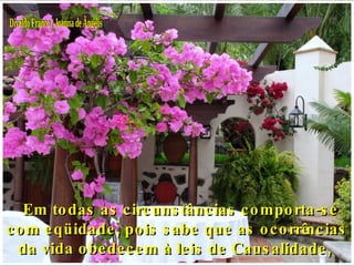 Divaldo Franco / Joanna de Ângelis      Em todas as circunstâncias comporta-se com eqüidade, pois sabe que as ocorrências da vida obedecem à leis de Causalidade,   
