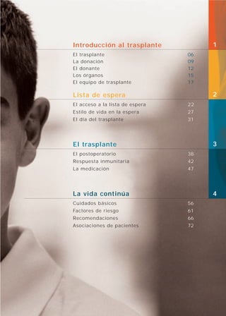 Introducción al trasplante            1
El trasplante                    06
La donación                      09
El donante                       12
Los órganos                      15
El equipo de trasplante          17

Lista de espera                       2
El acceso a la lista de espera   22
Estilo de vida en la espera      27
El día del trasplante            31




El trasplante                         3
El postoperatorio                38
Respuesta inmunitaria            42
La medicación                    47




La vida continúa                      4
Cuidados básicos                 56
Factores de riesgo               61
Recomendaciones                  66
Asociaciones de pacientes        72
 
