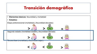 Transición demográfica
• Elementos básicos: fecundidad y mortalidad
• Estadios:
Etapa pretransicional (mortalidad y fecundidad elevadas)
Segundo estadio (mortalidad estable y fecundidad elevada)
Tercera fase (mortalidad y fecundidad bajan)
> > =
> = <
< < >
 