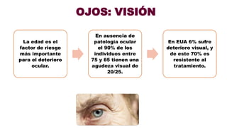 OJOS: VISIÓN
La edad es el
factor de riesgo
más importante
para el deterioro
ocular.
En ausencia de
patología ocular
el 90% de los
individuos entre
75 y 85 tienen una
agudeza visual de
20/25.
En EUA 6% sufre
deterioro visual, y
de este 70% es
resistente al
tratamiento.
 