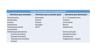 Cambios hormonales con el envejecimiento
Hormonas que aumentan Hormonas que se quedan igual Hormonas que disminuyen
Noradrenalina
Paratiroidea
Insulina
Vasopresina
Foliculoestimulante
Leutinizante
Dehidroepiandrosterona
Estroma (hombre)
Estradiol (hombre)
Testosterona (hombre)
(mujer)
Adrenalina
Cortisol
Tiroxina
Glucagón
ACTH
3, 5, 3 Triyodotironina
Tironina
Crecimiento
Renina
Aldosterona
Estroma (mujer)
Estradiol (mujer)
Testosterona
Progesterona (mujer)
 