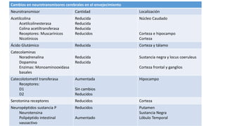 Cambios en neurotransmisores cerebrales en el envejecimiento
Neurotransmisor Cantidad Localización
Acetilcolina
Acetilcolinesterasa
Colina acetiltransferasa
Receptores: Muscarínicos
Nicotínicos
Reducida
Reducida
Reducida
Reducidos
Núcleo Caudado
Corteza e hipocampo
Corteza
Ácido Glutámico Reducida Corteza y tálamo
Catecolaminas
Noradrenalina
Dopamina
Enzimas: Monoaminooxidasa
basales
Reducida
Reducida
Sustancia negra y locus coeruleus
Corteza frontal y ganglios
Catecolotometil transferasa
Receptores:
D1
D2
Aumentada
Sin cambios
Reducidos
Hipocampo
Serotonina receptores Reducidos Corteza
Neuropéptidos sustancia P
Neurotensina
Polipéptido intestinal
vasoactivo
Reducidos
Aumentado
Putamen
Sustancia Negra
Lóbulo Temporal
 