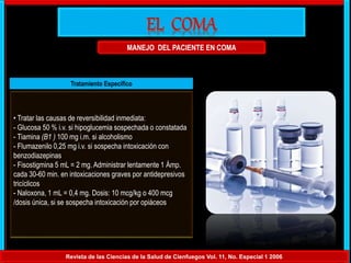 MANEJO DEL PACIENTE EN COMA
Revista de las Ciencias de la Salud de Cienfuegos Vol. 11, No. Especial 1 2006
Tratamiento Específico
• Tratar las causas de reversibilidad inmediata:
- Glucosa 50 % i.v. si hipoglucemia sospechada o constatada
- Tiamina (B1 ) 100 mg i.m. si alcoholismo
- Flumazenilo 0,25 mg i.v. si sospecha intoxicación con
benzodiazepinas
- Fisostigmina 5 mL = 2 mg. Administrar lentamente 1 Ámp.
cada 30-60 min. en intoxicaciones graves por antidepresivos
tricíclicos
- Naloxona, 1 mL = 0,4 mg. Dosis: 10 mcg/kg o 400 mcg
/dosis única, si se sospecha intoxicación por opiáceos
 