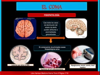 Libro Harrison Medicina Interna Tomo II Página 1718
FISIOPATOLOGÍA
Casi todos los casos
de disminución del
estado de alerta
pueden atribuirse a
anormalidades
generalizadas
En consecuencia, las principales causas
fisiopatológicas serían
Lesiones que dañan el SRA
Supresión de la fx reticulocerebral
Hipoglucemia, anoxia, uremia, insuf
hepática
 