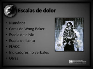 •
•
•
•
•
•
•

Numérica
Caras de Wong Baker
Escala de alivio
Escala de llanto
FLACC
Indicadores no verbales
Otras

NIH Pain Consortium
National Institutes of Health
Bethesda, Maryland 20892

 
