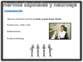 COORDINACIÓN
Observar al paciente mientras se sienta, se pone de pie, camina.

Pruebas nariz – dedo –nariz
Diadococinesias.
Prueba de Romberg

 