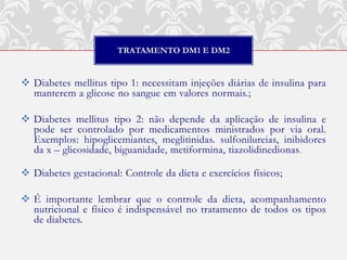 TRATAMENTO DM1 E DM2


 Diabetes mellitus tipo 1: necessitam injeções diárias de insulina para
  manterem a glicose no sangue em valores normais.;

 Diabetes mellitus tipo 2: não depende da aplicação de insulina e
  pode ser controlado por medicamentos ministrados por via oral.
  Exemplos: hipoglicemiantes, meglitinidas. sulfonilureias, inibidores
  da x – glicosidade, biguanidade, metiformina, tiazolidinedionas .

 Diabetes gestacional: Controle da dieta e exercícios físicos;

 É importante lembrar que o controle da dieta, acompanhamento
  nutricional e físico é indispensável no tratamento de todos os tipos
  de diabetes.
 