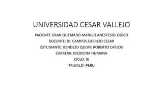 UNIVERSIDAD CESAR VALLEJO
PACIENTE GRAN QUEMADO MANEJO ANESTESIOLOGICO
DOCENTE: Dr. CAMPOS CABREJO CESAR
ESTUDIANTE: BENDEZU QUISPE ROBERTO CARLOS
CARRERA: MEDICINA HUMANA
CICLO: IX
TRUJILLO- PERU
 