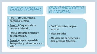 DUELO NORMAL DUELO PATOLOGICO
O ANORMAL
• Fase 1. Desesperación,
negación y cólera.
• Fase 2. Búsqueda de la
persona fallecido.
• Fase 3. Desorganización y
desesperación.
• Fase 4. Acepta la perdida.
Reorganiza y reincorpora a su
vida.
• Duelo excesivo, largo e
intenso
• Ideas suicidas
• Atesorar las pertenencias
dela persona fallecida .
 