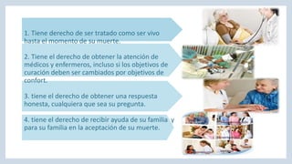 1. Tiene derecho de ser tratado como ser vivo
hasta el momento de su muerte.
2. Tiene el derecho de obtener la atención de
médicos y enfermeros, incluso si los objetivos de
curación deben ser cambiados por objetivos de
confort.
3. tiene el derecho de obtener una respuesta
honesta, cualquiera que sea su pregunta.
4. tiene el derecho de recibir ayuda de su familia y
para su familia en la aceptación de su muerte.
 