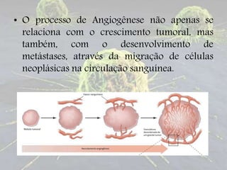 • O processo de Angiogênese não apenas se
relaciona com o crescimento tumoral, mas
também, com o desenvolvimento de
metástases, através da migração de células
neoplásicas na circulação sanguínea.
 