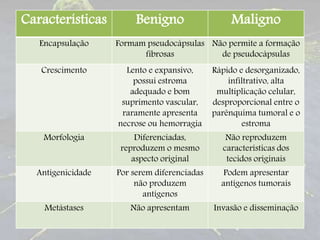 Características Benigno Maligno
Encapsulação Formam pseudocápsulas
fibrosas
Não permite a formação
de pseudocápsulas
Crescimento Lento e expansivo,
possui estroma
adequado e bom
suprimento vascular,
raramente apresenta
necrose ou hemorragia
Rápido e desorganizado,
infiltrativo, alta
multiplicação celular,
desproporcional entre o
parênquima tumoral e o
estroma
Morfologia Diferenciadas,
reproduzem o mesmo
aspecto original
Não reproduzem
características dos
tecidos originais
Antigenicidade Por serem diferenciadas
não produzem
antígenos
Podem apresentar
antígenos tumorais
Metástases Não apresentam Invasão e disseminação
 