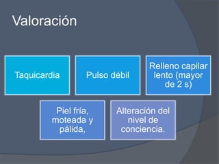 Valoración


                                 Relleno capilar
Taquicardia       Pulso débil     lento (mayor
                                     de 2 s)


          Piel fría,     Alteración del
         moteada y          nivel de
           pálida,        conciencia.
 