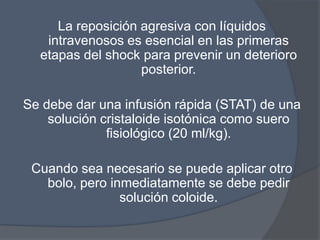 La reposición agresiva con líquidos
   intravenosos es esencial en las primeras
  etapas del shock para prevenir un deterioro
                   posterior.

Se debe dar una infusión rápida (STAT) de una
    solución cristaloide isotónica como suero
              fisiológico (20 ml/kg).

 Cuando sea necesario se puede aplicar otro
   bolo, pero inmediatamente se debe pedir
                solución coloide.
 