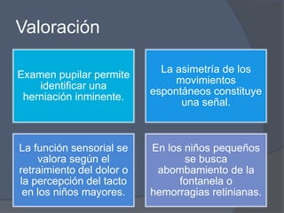 Valoración

                             La asimetría de los
Examen pupilar permite
                                movimientos
    identificar una
                           espontáneos constituye
 herniación inminente.
                                 una señal.



La función sensorial se    En los niños pequeños
    valora según el               se busca
retraimiento del dolor o    abombamiento de la
la percepción del tacto          fontanela o
 en los niños mayores.     hemorragias retinianas.
 