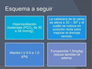Esquema a seguir
                         La cabecera de la cama
                         se eleva a 20 – 30º y el
  Hiperventilación
                           cuello se coloca en
moderada (PCO2 de 30
                           posición recta para
    a 34 mmHg).
                            mejorar el drenaje
                                 venoso.



                          Furosemida 1.0mg/kg
 Manitol I.V 0.5 a 1.0
                           reduce también el
         g/kg
                                edema.
 