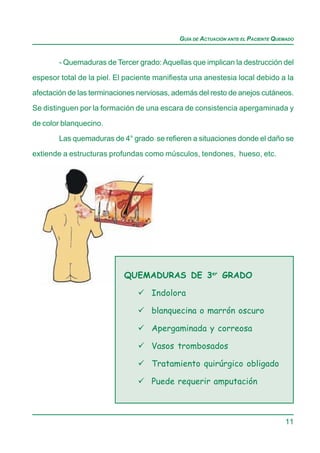 GUÍA DE ACTUACIÓN ANTE EL PACIENTE QUEMADO


        - Quemaduras de Tercer grado: Aquellas que implican la destrucción del

espesor total de la piel. El paciente manifiesta una anestesia local debido a la
afectación de las terminaciones nerviosas, además del resto de anejos cutáneos.

Se distinguen por la formación de una escara de consistencia apergaminada y

de color blanquecino.
        Las quemaduras de 4° grado se refieren a situaciones donde el daño se

extiende a estructuras profundas como músculos, tendones, hueso, etc.




                            QUEMADURAS DE 3er GRADO

                                    Indolora

                                    blanquecina o marrón oscuro

                                    Apergaminada y correosa

                                    Vasos trombosados

                                    Tratamiento quirúrgico obligado

                                    Puede requerir amputación



                                                                                   11
 