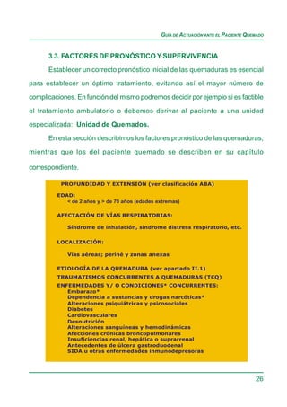 GUÍA DE ACTUACIÓN ANTE EL PACIENTE QUEMADO


      3.3. FACTORES DE PRONÓSTICO Y SUPERVIVENCIA

      Establecer un correcto pronóstico inicial de las quemaduras es esencial
para establecer un óptimo tratamiento, evitando así el mayor número de

complicaciones. En función del mismo podremos decidir por ejemplo si es factible

el tratamiento ambulatorio o debemos derivar al paciente a una unidad
especializada: Unidad de Quemados.

      En esta sección describimos los factores pronóstico de las quemaduras,

mientras que los del paciente quemado se describen en su capítulo

correspondiente.

          PROFUNDIDAD Y EXTENSIÓN (ver clasificación ABA)

         EDAD:
            < de 2 años y > de 70 años (edades extremas)

         AFECTACIÓN DE VÍAS RESPIRATORIAS:

             Síndrome de inhalación, síndrome distress respiratorio, etc.


         LOCALIZACIÓN:

             Vías aéreas; periné y zonas anexas

         ETIOLOGÍA DE LA QUEMADURA (ver apartado II.1)
         TRAUMATISMOS CONCURRENTES A QUEMADURAS (TCQ)
         ENFERMEDADES Y/ O CONDICIONES* CONCURRENTES:
            Embarazo*
            Dependencia a sustancias y drogas narcóticas*
            Alteraciones psiquiátricas y psicosociales
            Diabetes
            Cardiovasculares
            Desnutrición
            Alteraciones sanguíneas y hemodinámicas
            Afecciones crónicas broncopulmonares
            Insuficiencias renal, hepática o suprarrenal
            Antecedentes de úlcera gastroduodenal
            SIDA u otras enfermedades inmunodepresoras




                                                                                      26
 