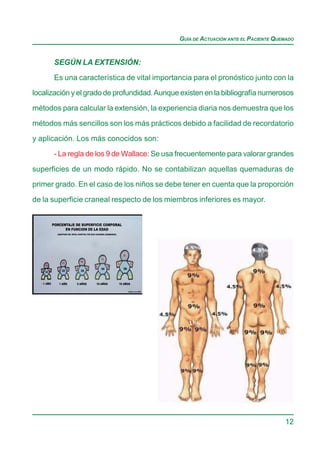 GUÍA DE ACTUACIÓN ANTE EL PACIENTE QUEMADO


      SEGÚN LA EXTENSIÓN:

      Es una característica de vital importancia para el pronóstico junto con la
localización y el grado de profundidad. Aunque existen en la bibliografía numerosos

métodos para calcular la extensión, la experiencia diaria nos demuestra que los

métodos más sencillos son los más prácticos debido a facilidad de recordatorio
y aplicación. Los más conocidos son:

      - La regla de los 9 de Wallace: Se usa frecuentemente para valorar grandes

superficies de un modo rápido. No se contabilizan aquellas quemaduras de
primer grado. En el caso de los niños se debe tener en cuenta que la proporción

de la superficie craneal respecto de los miembros inferiores es mayor.




                                                                                    12
 