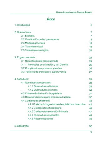GUÍA DE ACTUACIÓN ANTE EL PACIENTE QUEMADO


                                  ÍNDICE
1. Introducción                                                                     5

2. Quemaduras:                                                                      7
       2.1 Etiología.                                                               7
       2.2 Clasificación de las quemaduras                                          8
       2.3 Medidas generales                                                       18
       2.4 Tratamiento local                                                       19
       2.5 Tratamiento quirúrgico                                                  20

3. El gran quemado:                                                                23
       3.1 Resucitación del gran quemado                                           24
       3.1.1. Protocolos de actuación y tto. General                               25
       3.2 Complicaciones precoces y tardías                                       26
       3.3 Factores de pronóstico y supervivencia                                  27

4. Apéndices:                                                                      28
       4.1 Quemaduras especiales:                                                  28
              4.1.1 Quemaduras eléctricas                                          28
              4.1.2 Quemaduras químicas                                            34
       4.2 Criterios de derivación hospitalaria                                    37
       4.3 Recomendaciones para el correcto traslado                               37
       4.4 Cuidados de Enfermería                                                  40
              4.4.1 Cuidados de Urgencias extrahospitalarios en fase crítica       42
              4.4.2 Cuidados fase hospitalaria                                     46
              4.4.3 Cuidados fase Atención Primaria                                47
              4.4.4 Quemaduras especiales                                          48
              4.4.5 Recomendaciones                                                49

5. Bibliografía                                                                    52

                                                                                    3
 