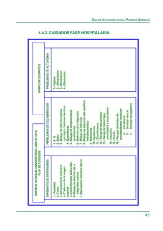 HOSPITAL REGIONAL UNIVERSITARIO CARLOS HAYA
                  PLAN DE CUIDADOS                                               UNIDAD DE QUEMADOS

     DIAGNOSTICOS ENFERMEROS           PROBLEMAS DE COLABORACION                   PROBLEMAS DE AUTONOMIA

     1.- Ansiedad                      1.- I / Q                                   1.- Higiene
     2.-Temor                          2.- Dolor                                   2.- Alimentación
     3.-Afrontamiento inefectivo       3.- Riesgo de infeccion herida              3.- Movilización
     4.-Trastorno de la imagen             quirurgica / lesiones termicas          4.- Eliminación
     corporal                          4.- Quemaduras
     5.-Conocimientos deficientes      5.- Riesgo de complicaciones
     6.-Riesgo de deterioro de la          respiratorias
        integridad cutanea             6.- Deterioro de la deglución
     7.-Desempeño inefectivo del rol   7.- Riesgo de infeccion
                                       8.- Riesgo de alteración del equilibrio
                                           hidroelectrolitico
                                       9.- Hipotermia
                                       10.-Hipertermia
                                       11.- Estreñimiento
                                       12.- Riesgo de desnutrición
                                       13.- Riesgo de hemorragia
                                             secundadrio a escarotomia
                                                                                                            4.4.2. CUIDADOS FASE HOSPITALARIA




                                       14.- Insomnio
                                       15.- Prurito
                                       16.- Riesgos derivados de
                                             procedimientos invasivos:
                                                 a. Via venosa
                                                 b. Sondaje vesical
                                                 c. Sondaje nasogastrico




45
                                                                                                                                                GUÍA DE ACTUACIÓN ANTE EL PACIENTE QUEMADO
 