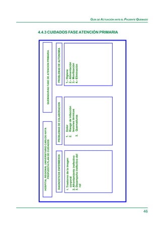 HOSPITAL REGIONAL UNIVERSITARIO CARLOS HAYA
     HOSPITAL REGIONAL UNIVERSITARIO CARLOS HAYA
              PROPUESTA PLAN DE CUIDADOS
             PROPUESTA PLAN DE CUIDADOS                            QUEMADURAS FASEDE ATENCION PRIMARIA
                                                                   QUMADURAS FASE DE ATENCION PRIMARIA



      DIAGNOSTICOS ENFERMEROS
     DIAGNOSTICOS ENFERMEROS          PROBLEMAS DE COLABORACION
                                      PROBLEMAS DE COLABORACION                 PROBLEMAS DE AUTONOMIA
                                                                                PROBLEMAS DE AUTONOMIA


     1. Trastorno de la imagen
     1. Trastorno de la imagen            1. Dolor                              1.- Higiene
        corporal
         corporal                         2. Riesgo de infección                2.- Alimentación
     2. Afrontamiento inefectivo
     2. Afrontamiento inefectivo             lesiones térmicas                  3.- Movilización
     3. Desempeño inefectivo del
     3. Desempeño inefectivo              3. Quemaduras                         4.- Eliminación
        rol
         rol
                                                                                                         4.4.3 CUIDADOS FASE ATENCIÓN PRIMARIA




46
                                                                                                                                                 GUÍA DE ACTUACIÓN ANTE EL PACIENTE QUEMADO
 