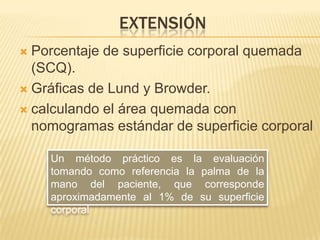 EXTENSIÓN
 Porcentaje de superficie corporal quemada
  (SCQ).
 Gráficas de Lund y Browder.

 calculando el área quemada con
  nomogramas estándar de superficie corporal

    Un método práctico es la evaluación
    tomando como referencia la palma de la
    mano del paciente, que corresponde
    aproximadamente al 1% de su superficie
    corporal
 