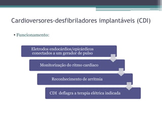 Cardioversores-desfibriladores implantáveis (CDI)
Eletrodos endocárdios/epicárdicos
conectados a um gerador de pulso
Monitorização do ritmo cardíaco
Reconhecimento de arritmia
CDI deflagra a terapia elétrica indicada
• Funcionamento:
 