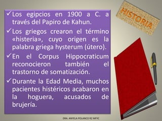 Los egipcios en 1900 a C. a
través del Papiro de Kahun.
Los griegos crearon el término
«histeria», cuyo origen es la
palabra griega hysterum (útero).
En el Corpus Hippocraticum
reconocieron también el
trastorno de somatización.
Durante la Edad Media, muchos
pacientes histéricos acabaron en
la hoguera, acusados de
brujería.
11
DRA. ANYELA POLANCO R2 MFYC
 