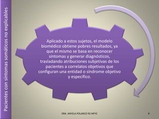 8
Aplicado a estos sujetos, el modelo
biomédico obtiene pobres resultados, ya
que el mismo se basa en reconocer
síntomas y generar diagnósticos,
trasladando atribuciones subjetivas de los
pacientes a correlatos objetivos que
configuran una entidad o síndrome objetivo
y específico.
DRA. ANYELA POLANCO R2 MFYC
Pacientesconsíntomassomáticosnoexplicables
 