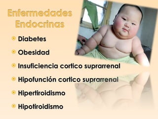    Diabetes
   Obesidad
   Insuficiencia cortico suprarrenal
   Hipofunción cortico suprarrenal
   Hipertiroidismo
   Hipotiroidismo
 