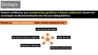 Etiologia
Existem evidências que componentes genéticos e fatores ambientais atuam em
associação no desenvolvimento das fissuras labiopalatinas.
Dentre os fatores ambientais mais citados destacam-se:
Uso abusivo de drogas
Uso abusivo álcool ou cigarros
Exposição a Radiação
Idade dos pais
Deficiência nutricional
 