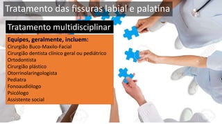 Equipes, geralmente, incluem:
Cirurgião Buco-Maxilo-Facial
Cirurgião dentista clínico geral ou pediátrico
Ortodontista
Cirurgião plástico
Otorrinolaringologista
Pediatra
Fonoaudiólogo
Psicólogo
Assistente social
Tratamento das fissuras labial e palatina
Tratamento multidisciplinar
 