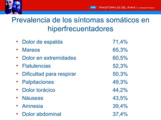 Prevalencia de los síntomas somáticos en
          hiperfrecuentadores
 • Dolor de espalda           71,4%
 • Mareos                     65,3%
 • Dolor en extremidades      60,5%
 • Flatulencias               52,3%
 • Dificultad para respirar   50,3%
 • Palpitaciones              49,3%
 • Dolor torácico             44,2%
 • Náuseas                    43,5%
 • Amnesia                    39,4%
 • Dolor abdominal            37,4%
 