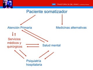 Paciente somatizador


Atención Primaria                    Medicinas alternativas


 Servicios
médicos y
quirúrgicos                  Salud mental



              Psiquiatría
              hospitalaria
 