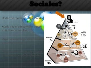 Sociales?
•Están de moda y es una realidad
•Cada vez el consumidor pasa
más tiempo en ellas
•Nos permite llegar directamente
a nuestros clientes
•Al consumidor le gusta y busca
información en Redes Sociales
 