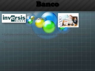Banco
RECURSOS
• Cultura corporativa 2.0: Implicando a la dirección de la empresa
• Departamento con perfiles online
• Apoyo de empresa profesional del Social Media
 