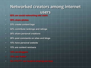 Networked creators among internet
users
• 62% are social networking site users
• 55% share photos
• 33% create content tags
• 32% contribute rankings and ratings
• 30% share personal creations
• 26% post comments on sites and blogs
• 15% have personal website
• 15% are content remixers
• 14% are bloggers
• 12% use Twitter
• 4%-17%??? use location-sharing services
 