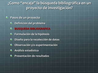 ¿Como “encaja” la búsqueda bibliográfica en un
proyecto de investigación?
Pasos de un proyecto
Definición del problema
BUSQUEDA BIBLIOGRAFICA
Formulación de la hipótesis
Diseño para la recolección de datos
Observación y/o experimentación
Análisis estadístico
Presentación de resultados
 